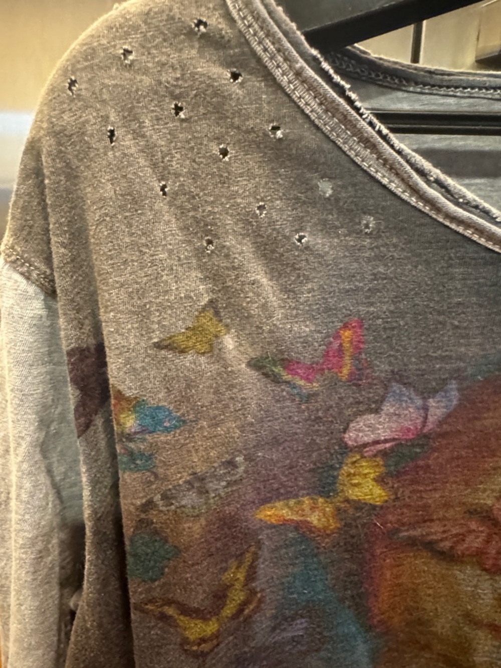 Women's Grey Long Sleeve Graphic Tee with Butterfly Art - Picture 2 of 11